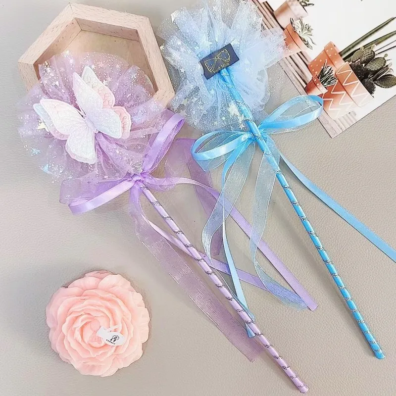 INS Kids Birthday Mesh Bow Fairy Stick Baby Shower Butterfly Wand Girl Princess Party Game Props 1PC