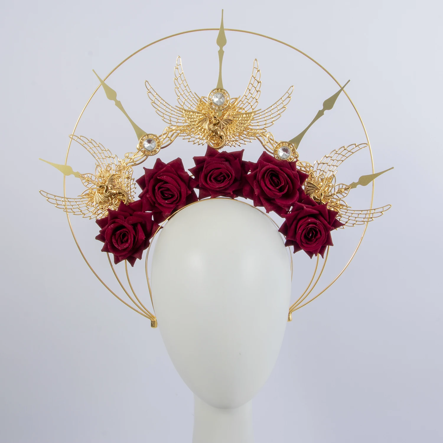 

Red Rose Flower Glod Spiked Halo Crown Lolita Headband Women Halloween Party Cosplay Goddess Headwear