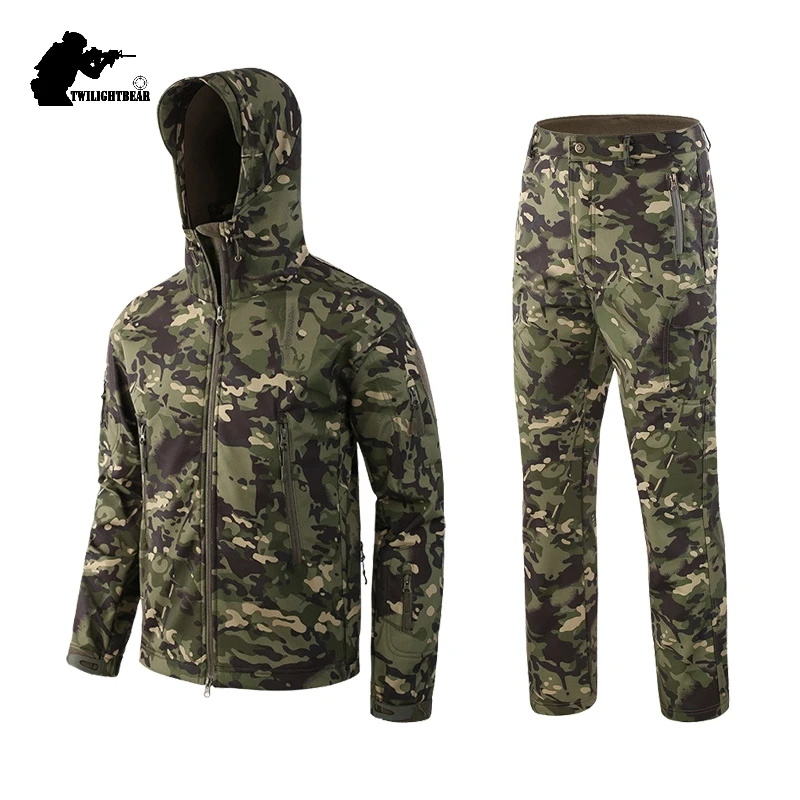Outdoor Camoflage SoftShell Men's Suits 5XL Oversized Waterproof Fleece Clothes Set Men Clothing Camping Hunting Suit A2F051 3