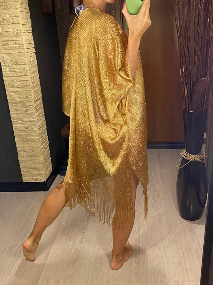 Gold Crochet Cover Up Women Sun Protective Beach Shirt Sheer Mesh Tunic with Shiny Tassel Trim Resort Wear Swimwear Cover Ups 5