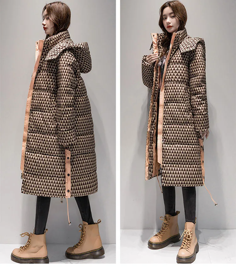 2023 Winter Warm  Plaid Long  Coat Women ' s Fashion Thicken Hooded Puffer Jacket Female Windproof Warm Outwear