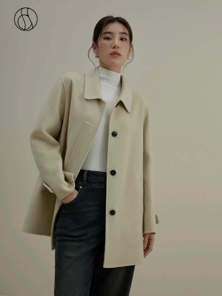 

DUSHU 100% Wool Polo Neck Design Single Breasted Women One Hand Length Winter Woolen Coats Office Lady Beige Wool Jackets