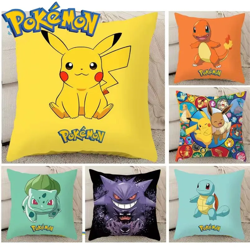 

45*45CM Pokemon Pillowcase Toys Pikachu Anime Cartoon Pattern Pillowcase Gengar Eevee Short Plush Cover Decor Sofa Pillow Cover