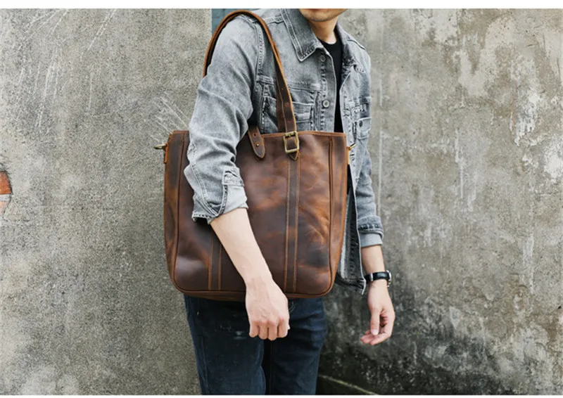 Vintage große Kapazität Crazy Horse Rindsleder Herren Einkaufstasche natürliche echtes Leder Arbeitshandtasche Shopping Schulter Messenger Bags – Detail 2