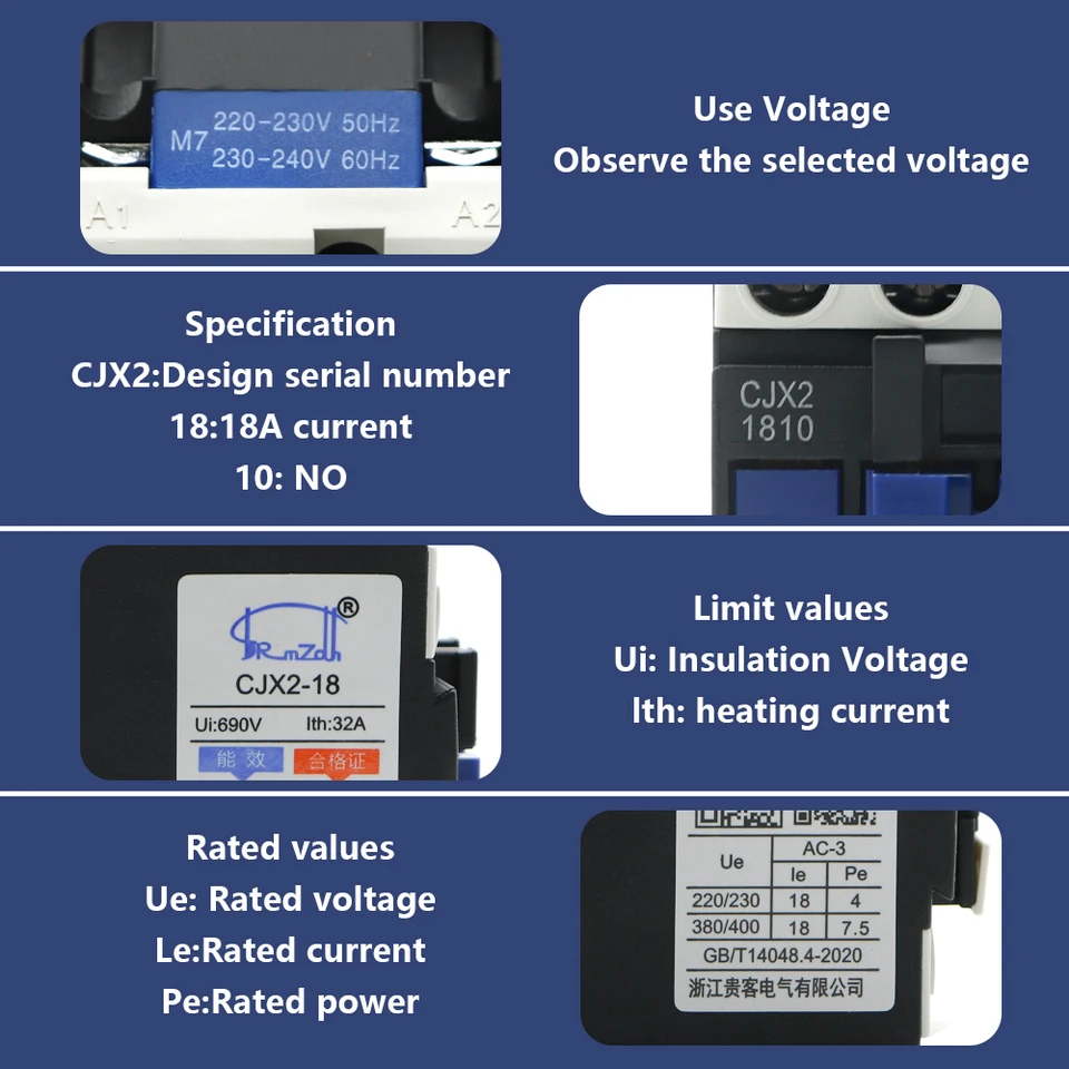 CJX2-1810 AC Contactor - 18A, 3 Pole +1NO, 220-230V Coil, DIN Rail Mount, For Motor Control