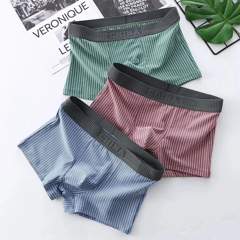 Male Underpants Pure Cotton Flat Corner Pants Shorts Stripe Bottom Panties Men's New Mid-Rise Large Size Breathable Boxers
