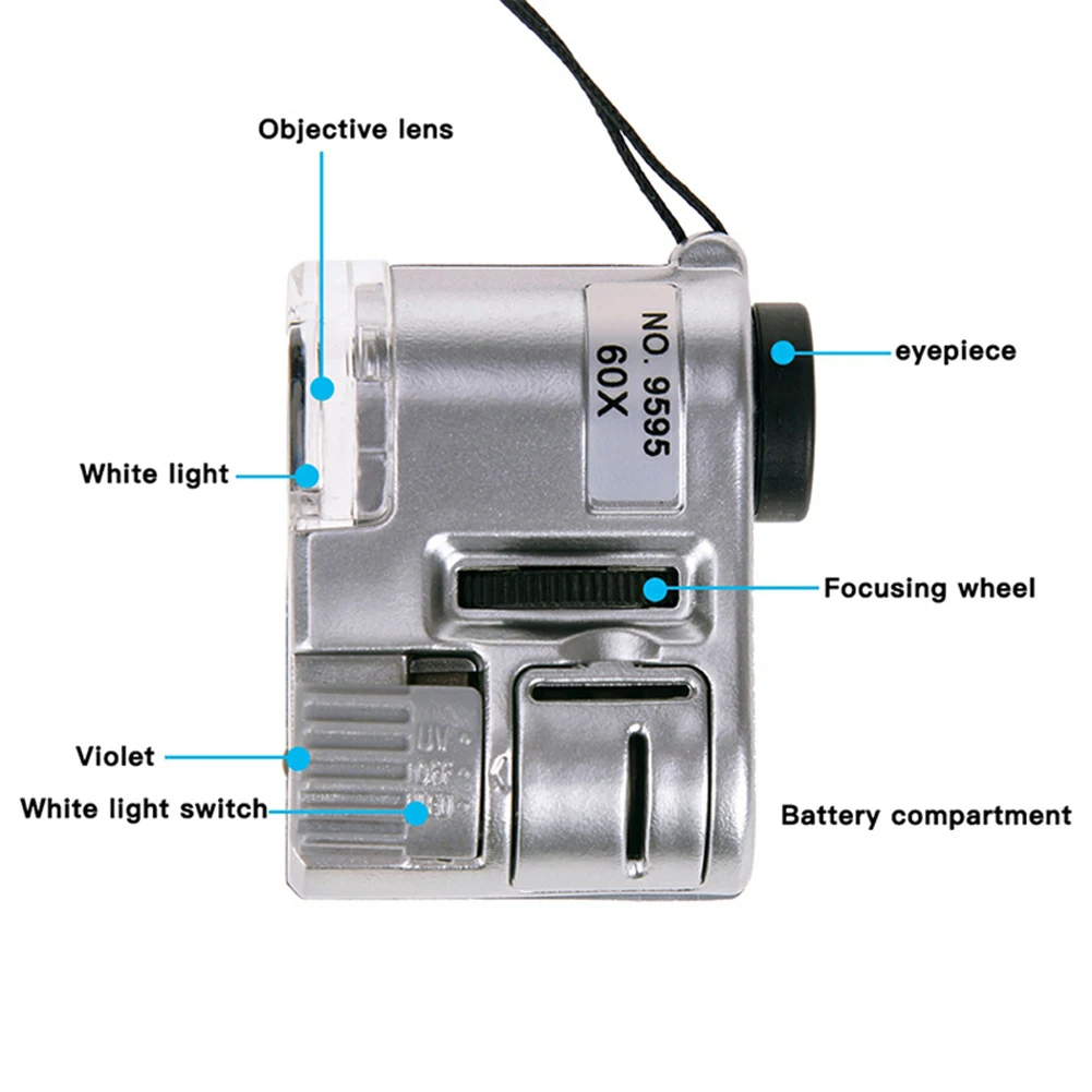 60X Handheld Magnifying Glass Mini Pocket Microscope Loupe Currency Detector Jeweler Magnifier With LED Light