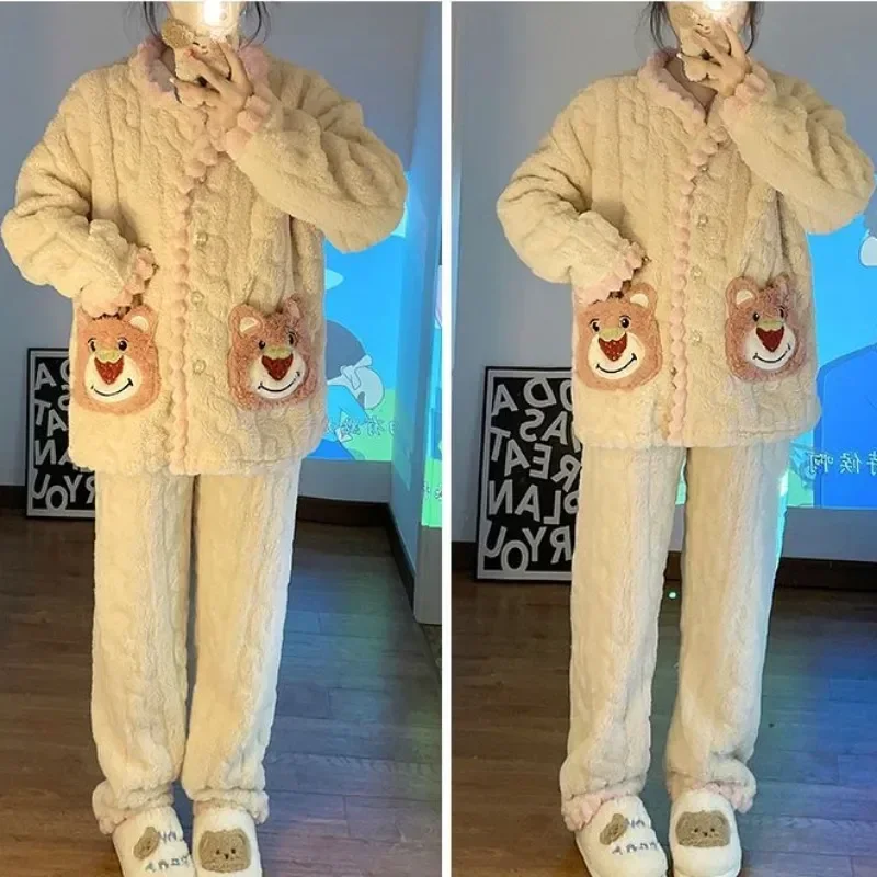 

New Warm 2023 Coral Pajamas Fleece Flannel Loungewear Thick Set Women Clothes Home Student Autumn Winter