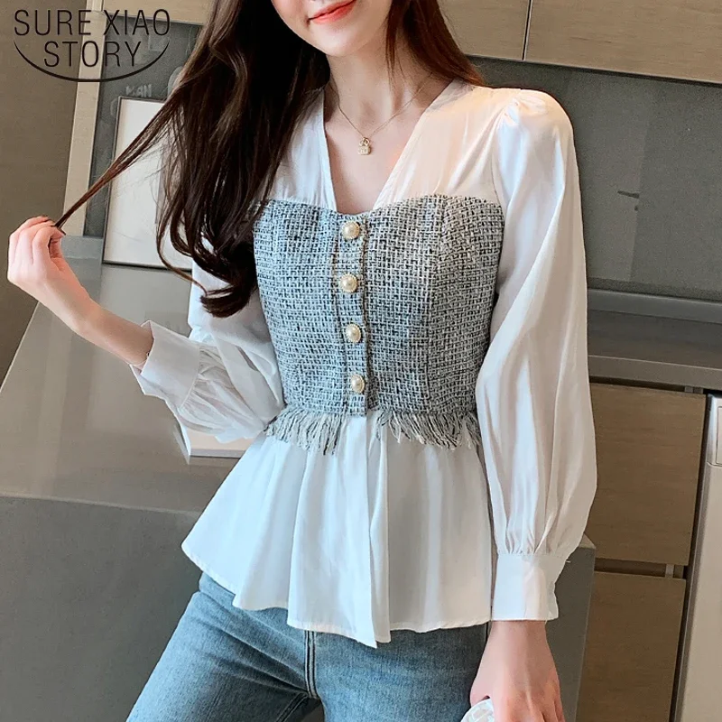 

Solid White Long Sleeve Shirt Fashion Office Lady Tops Korean Style Women Spliced Chiffon Blouse V-neck Feminina shirt 8110 50