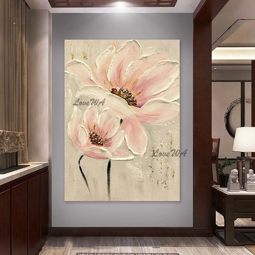 

Абстрактная современная картина, роскошное украшение для гостиной, розовые акриловые цветы, картины, нож, холст, искусство, Безрамное настенное украшение