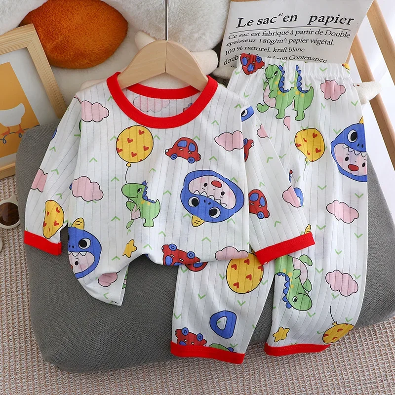 2024 New Kids Boys Girls Summer Pure Cotton Thin Pajamas Cute Cartoon Print Long Sleeve T-Shirt Tops + Pants Baby Clothing Sets