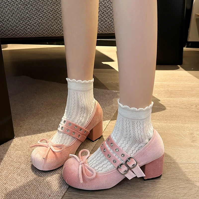 Bow Elegant Shallow Mary Janes Shoes Chunky High Heels Buckle Fad Pumps Spring New Trend 2025 Dress Designer Mujer De Zapatillas 3