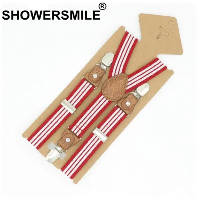 SHOWERSMILE Braces For Children Suspenders Strap Pink Stripe Leather Pants Strap Clips Tuxedo Suspensors For Boys Girls Tirantes