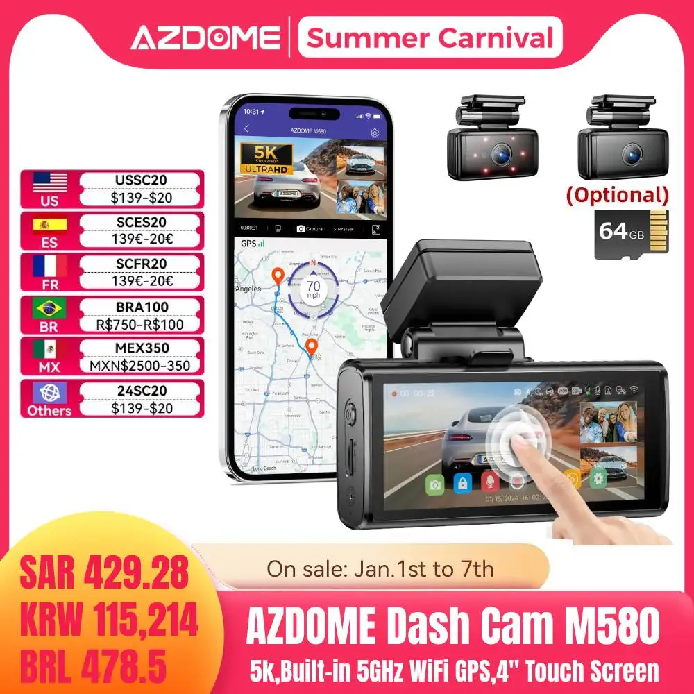 AZDOME M580 Dash Cam 5k Front Rear Car Camera Built-in 5GHz WiFi GPS 4