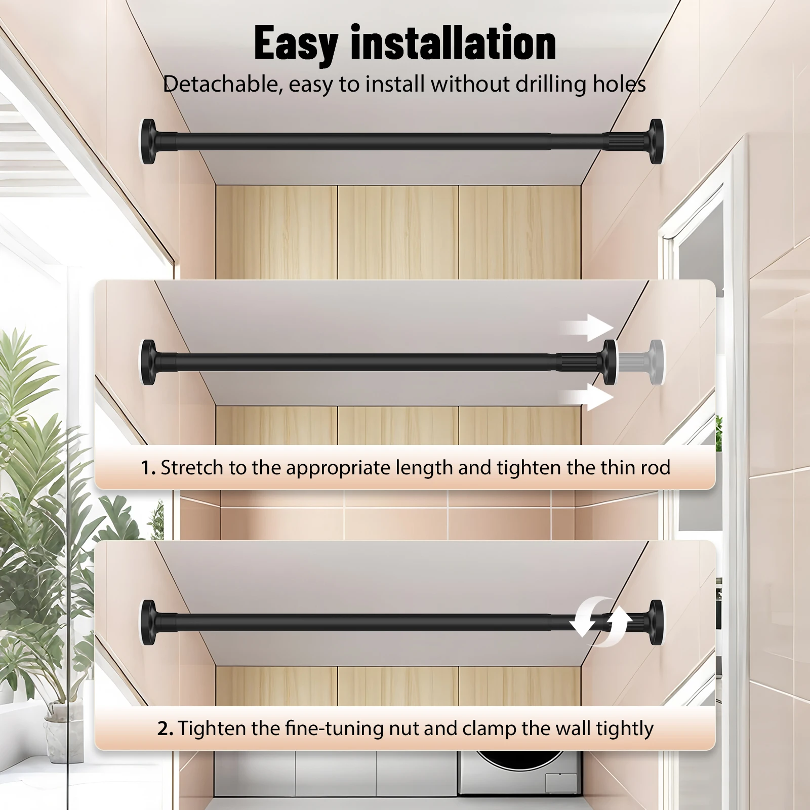 Adjustable No Drill No Installation Nail-Free Clothes Drying Telescopic Pole Laundry Room Bathroom Curtain Storage Extendable: 3 - 5 Days Free Delivery Only UK Ha