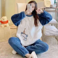 Thickened Warm Flannel Women Sleepwear Coral Velvet Pajamas Autumn Winter Cute Cartoon Bear Padded Two Sets Nightwear Casual - Image 2