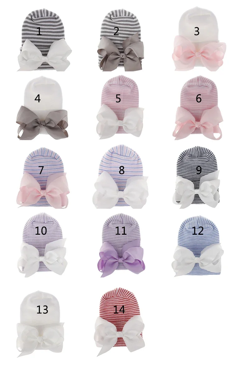 0-6Months Newborn Hospital Cute Knit White Bonnet with Ribbon Bow Baby Girls Boknot Beanie Hat Infant Grosgrain Bowknot Soft Hat 3