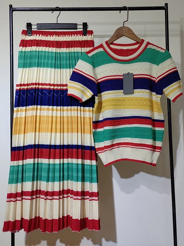 Retrowomen's spring/summer new two-piece striped knit Joker Top+elastic waist a…