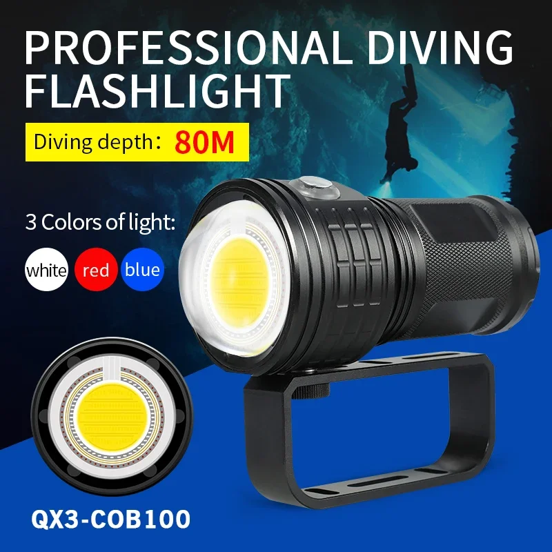 

5000 Lumens Underwater 80M Photography Fill Light Diving Flashlight 50W Waterproof IPX8 Lamp Torch with White Red Blue Light