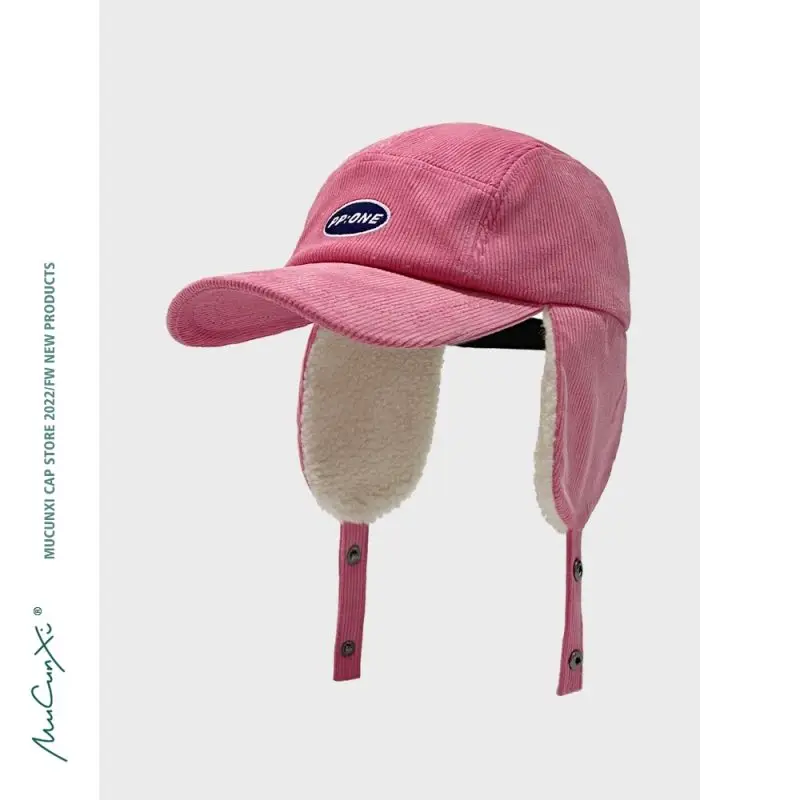 

Pink Ear Protection Baseball Hat Autumn and Winter Warm Five Piece Hat Letter Embroidered Corduroy Thunder Front Hat Ski Hat