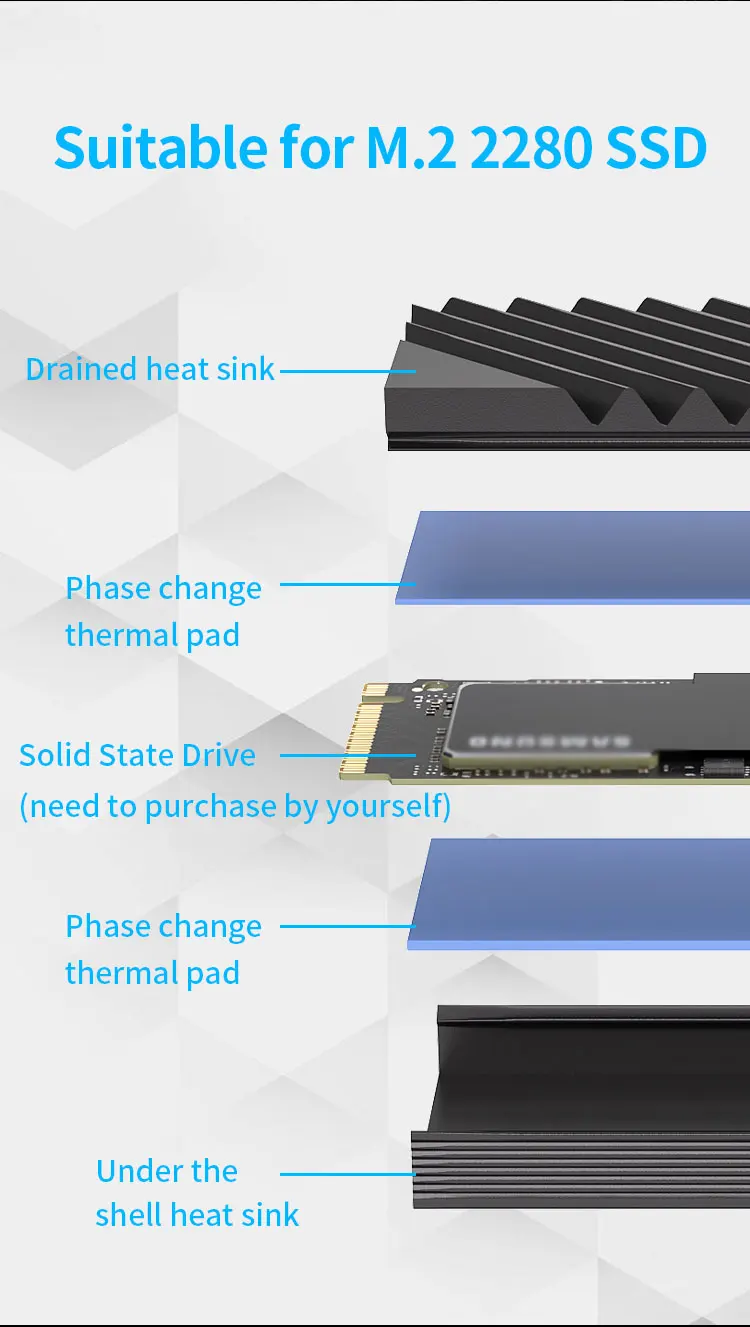 TUECER M.2 2280 NVMe SSD Aluminum Double-Sided Heat Sink with Silicone Thermal P