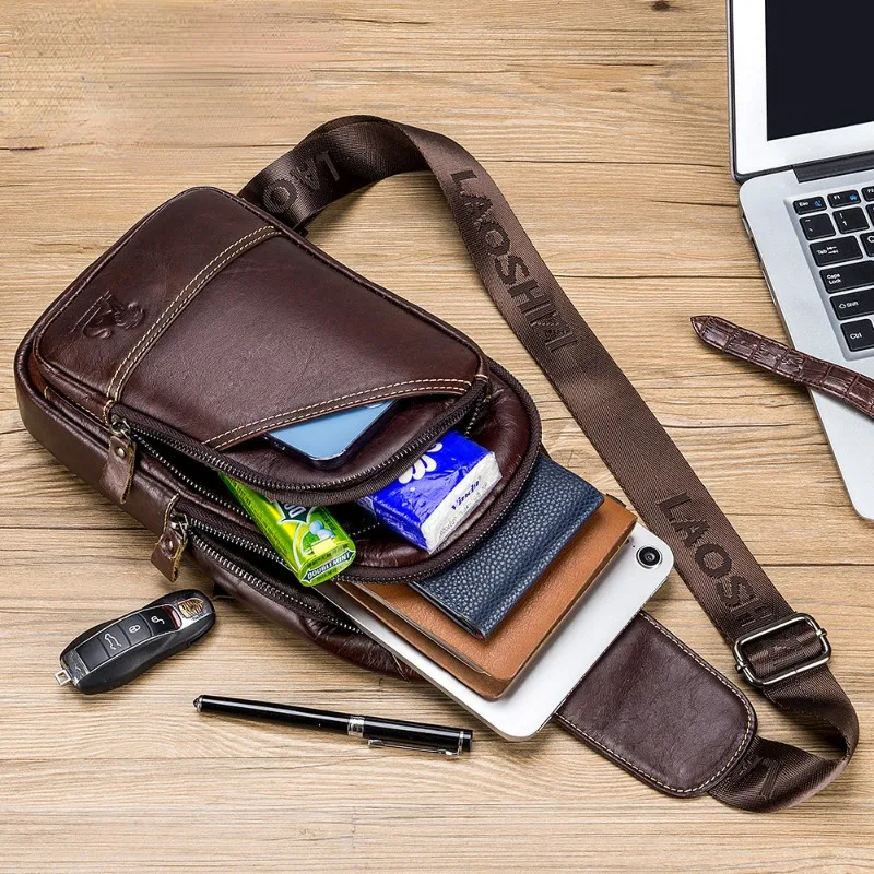 Men's Chest Bag Male Leather First Layer Cowhide Casual Men's Crossbody Bag Single Shoulder Bag New Style Fashion Dark Brown