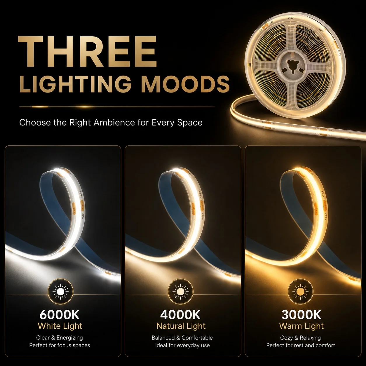 고밀도 도트리스 COB LED 테이프 터치 디머 플렉시블 스트립 라이트 자가 접착식 선형 램프 DIY 가정 장식 조명용