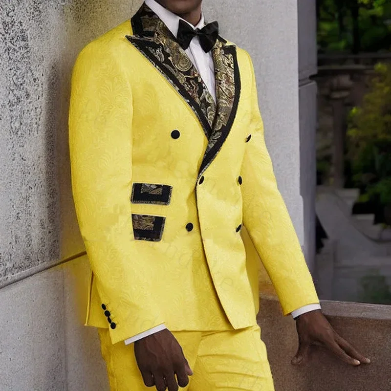 Men Yellow Floral Suits Double Breasted Slim Fit Wedding Business Tuxedo Groomsman (Jacket+Pants)