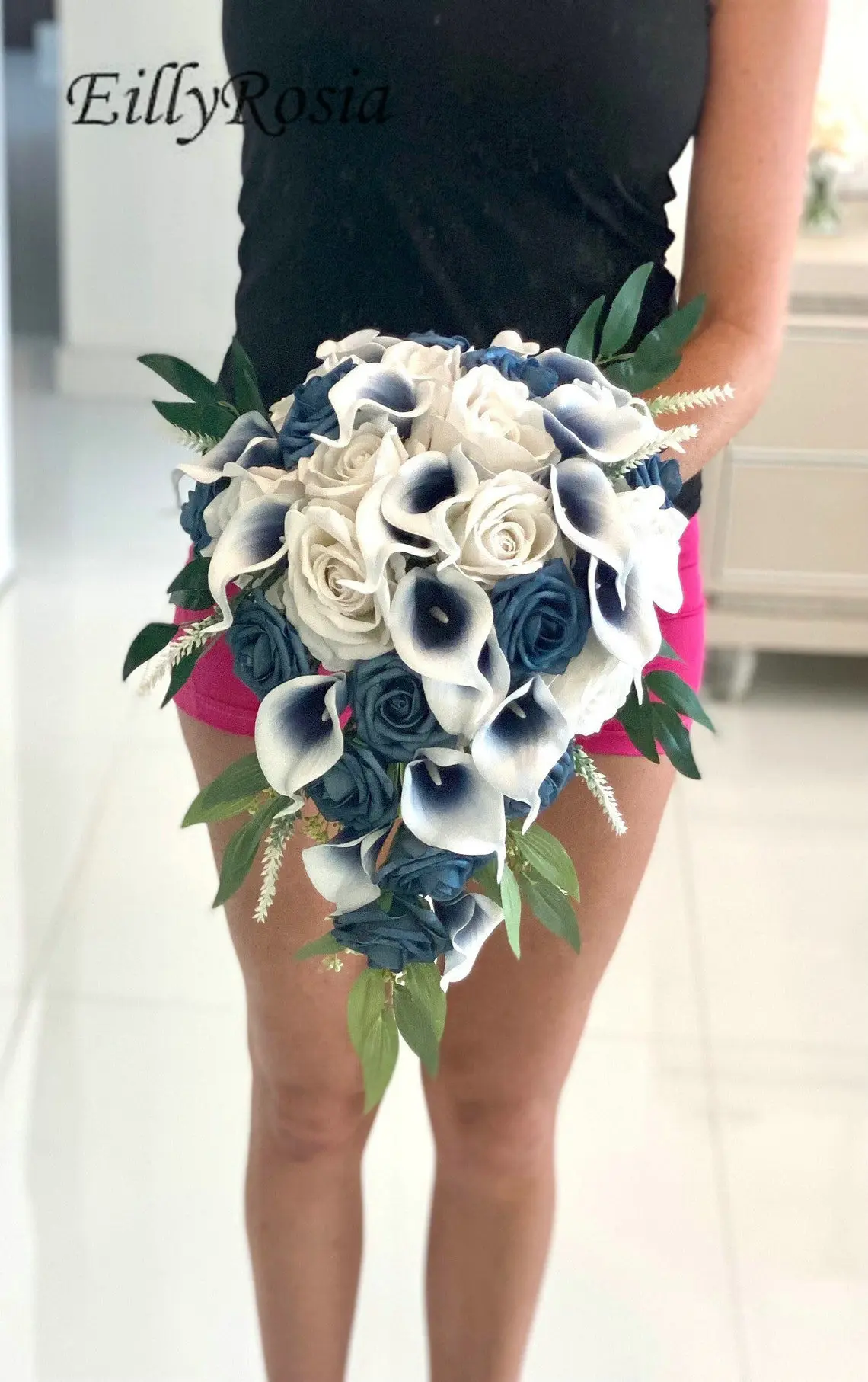 EillyRosia Navy Blue Calla Lily PE Roses Cascade Wedding Bouquet for the Bride White Roses Artificial Holding Flowers Elegant