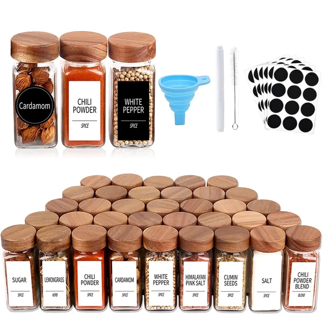 12pcs Wood Cover Glass Spice Jars Square Transparent Seasoning Storage  Bottles Kitchen Salt Spices Ground Pepper