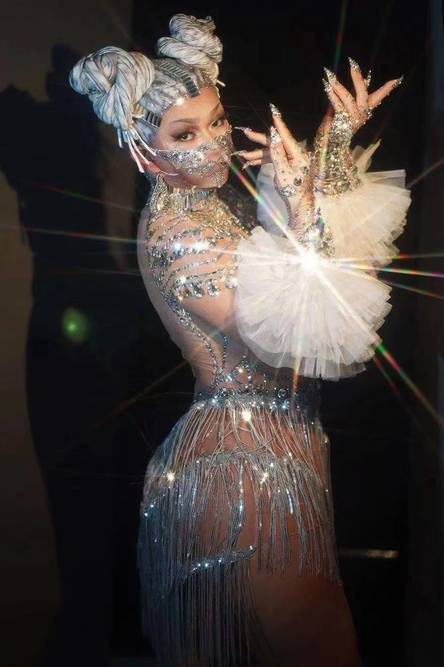 Novelty Sparkly Fringe Rhinestone Bodysuits Women Costumes Birthday Party Outfit Drag Queen Gogo Dancer Stage Latin Jazz Leotard
