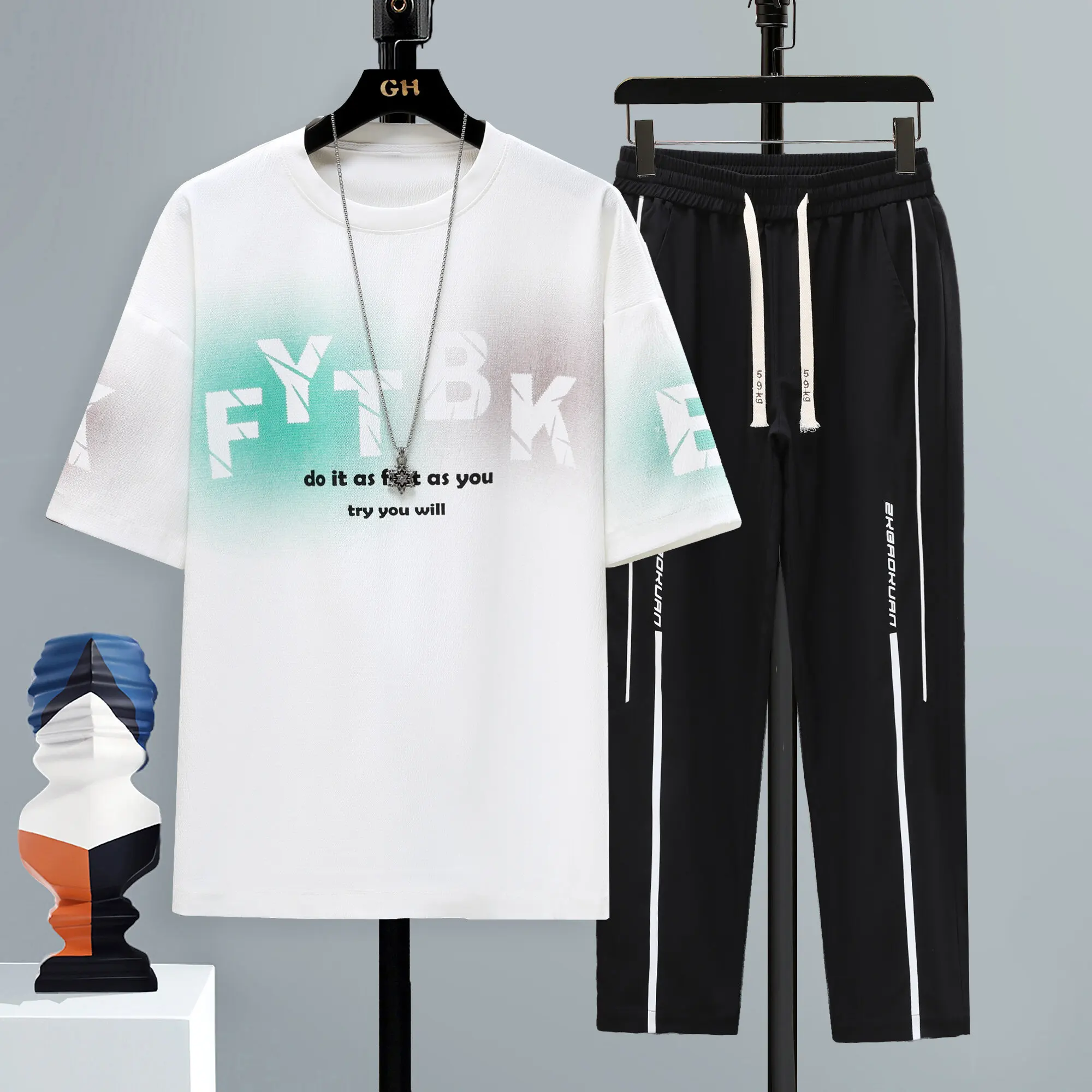 أزياء الصيف قمصان قصيرة الأكمام مجموعات الشباب عارضة تي شيرت والسراويل كاملة طول 2 قطعة مجموعة Sreet ارتداء رياضية الملابس