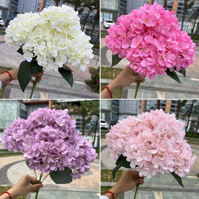 LargeSize5HeadsArtificialFlowersWhitePinkHydrangeaSilkDIY
