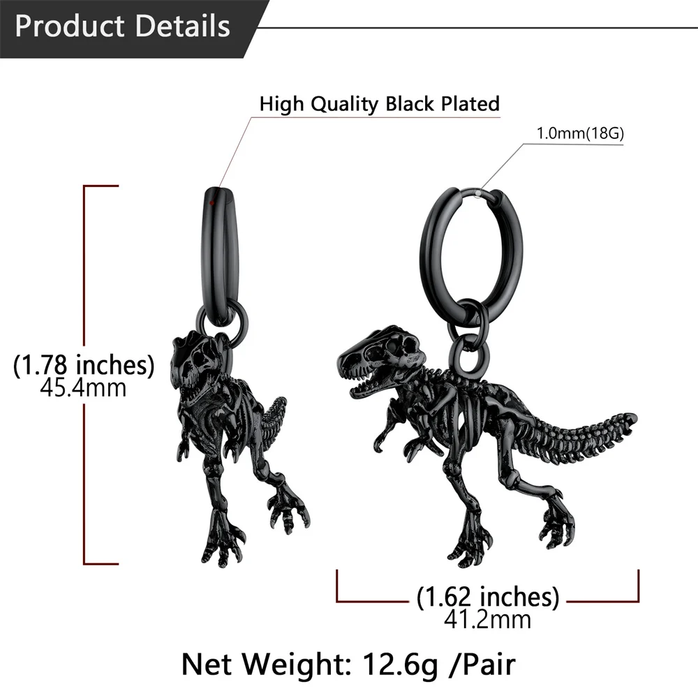 U7 Stainless Steel Dinosaur Dangle Earring 18K Gold Black Color Punk Tyrannosaurus Rex Skeleton Bone Rock Unisex Man Earrings