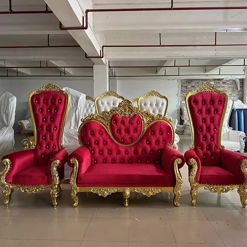 Antique European Style Luxury Golden Stainless Steel Leg King Throne Chair For Wedding Double Seat Leather Sofa for Hotel