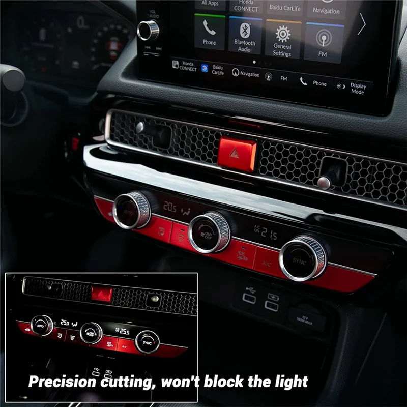 Car Warning Emergency Light Switch Button Cover Sticker Trim for Honda Civic 11Th Gen Aluminum Alloy Red