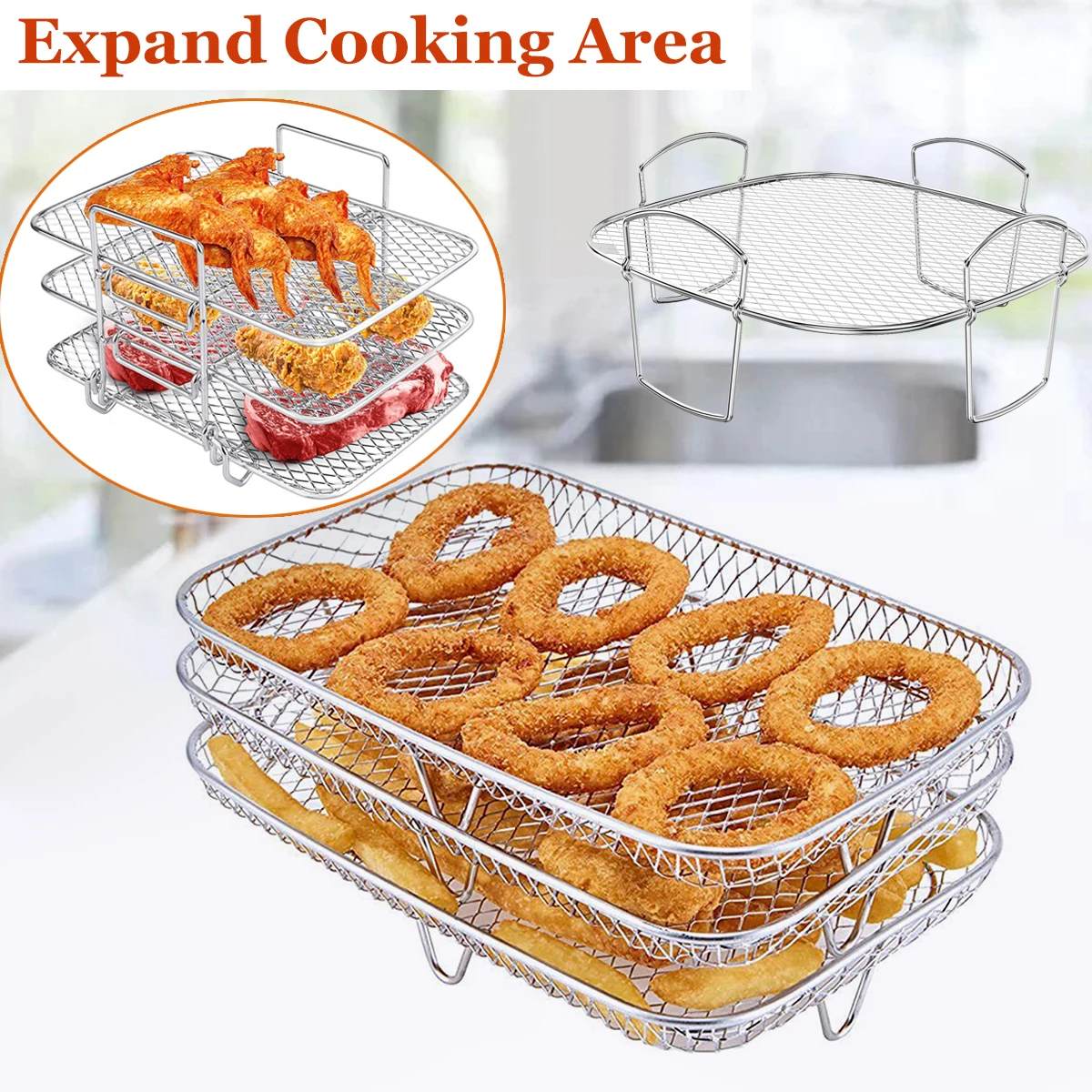 Air Fryer Rack 3-layers Stackable Grilling Rack Stainless Steel For Air Fryer Oven Grill Steamer Cooker Home Kitchen