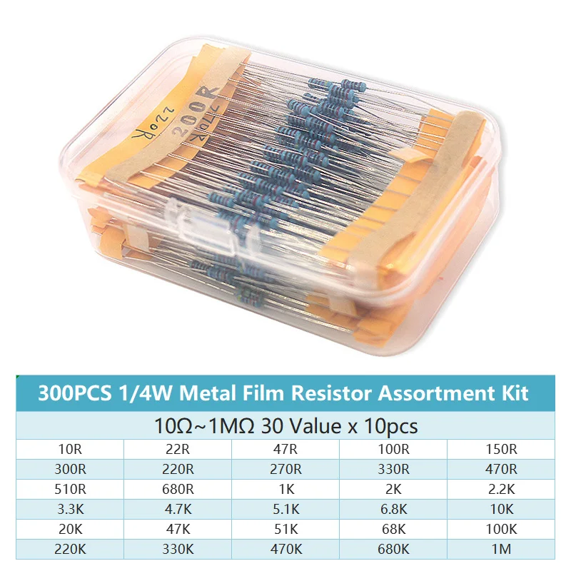600/300Pcs/box Resistor Assorted Kit 1/4w Metal Film 30 Values Resistance Set Pack 10 Ohm-1m Ohm 1% 0.25w Set Of Resistors metal film resistor metal film resistors