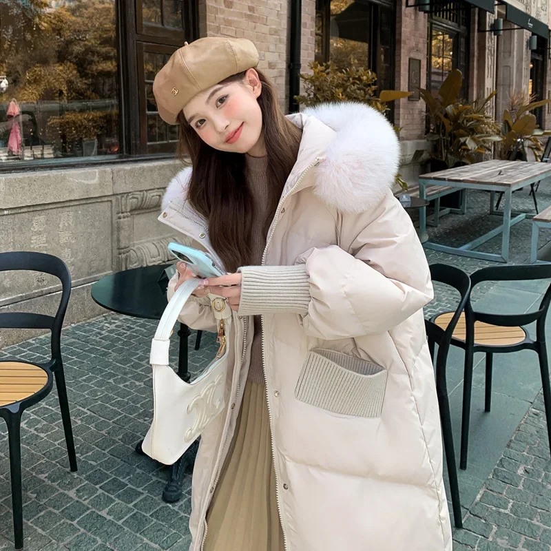 Caramel Hooded Down Jacket for Plump Women 2023 Large Size Overcoats Lady White Duck Thickened Jacket Fox Fur Loose Coat Vintage