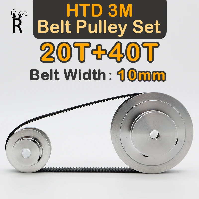 20Teeth+40Teeth HTD 3M Belt Pulley Set 3M Pulleys 20T 40T Synchronous Wheels Kit Belt Width 10mm 20Teeth HTD3M Timing Pulley Set