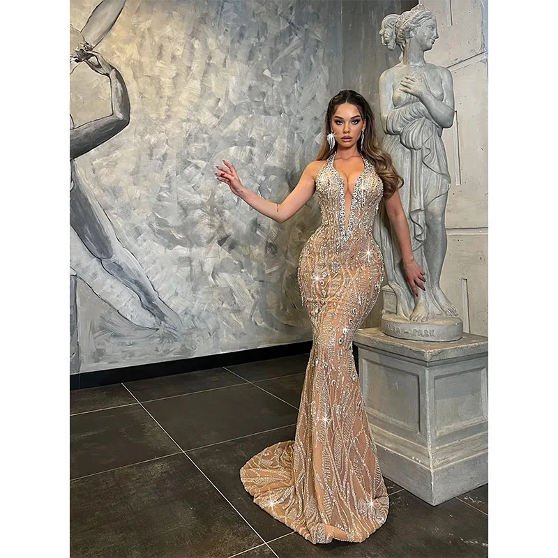 Halter Crystal Mermaid Evening Dresses Sleeveless Sequins Lace Party Gowns Women Prom Dress Floor Length Robe De Soriee