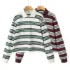 2025 Summer Ladies Polo Shirts Woman Long Sleeve Crop Top Striped Vintage Clothes Polo Shirts Mujer Streetwear Casual Tops Brown