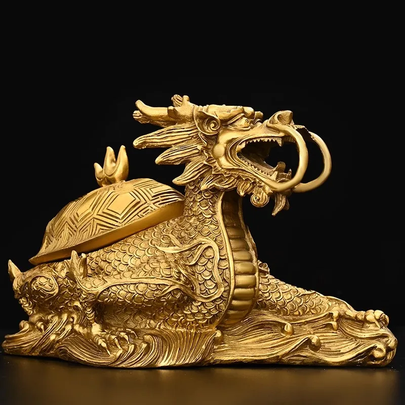Large Brass Dragon Turtle Statue - Openable Feng Shui Wealth Tortoise Sculpture, Solid Copper Lucky Decor for Home/Office Desk,