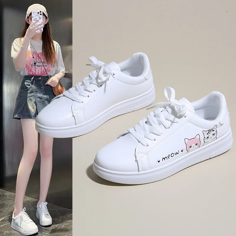 Women Sneakers Fashion Breathble Vulcanized Shoes Pu Cute Cat Cartoon Lace Up Casual White Women Shoes Zapatos De Mujer Female - 2