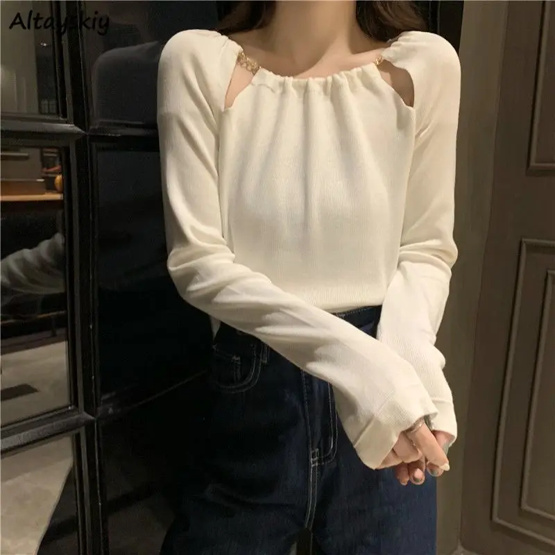 

Crop T-shirts Women Ulzzang Tops Autumn Hollow Out Elegant Pure Long-sleeve Chain Designed Leisure Soft Knitted Vintage Harajuku