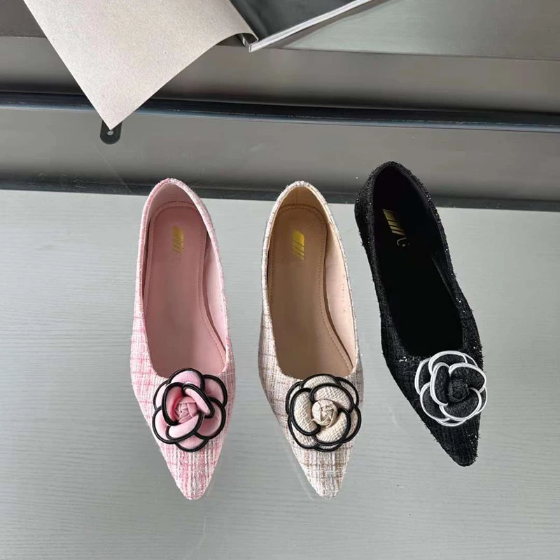 Ladies Flat Shoes Pink Pointed Toe Mary Jane Shoes Comfort Low Heeled Pumps 3D Flowers Black Flats High Heels Chusseure Femme