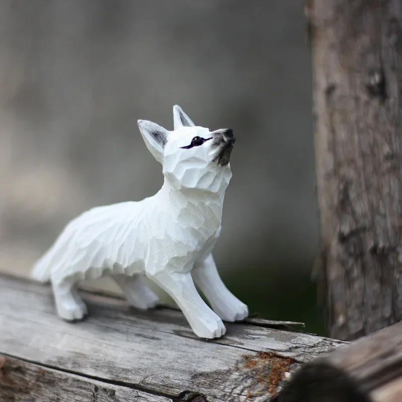 

Wood Carving Decoration Handmade Solid Wood Red Fox White Animal Home Decoration Fox Figurines Desk Decoration