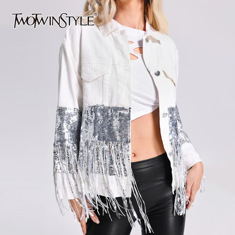 

TWOTWINSTYLE Solid Spliced Sequins Casual Jacket For Women Lapel Long Sleeve Patchion Button Jackets Female Fashion Style New