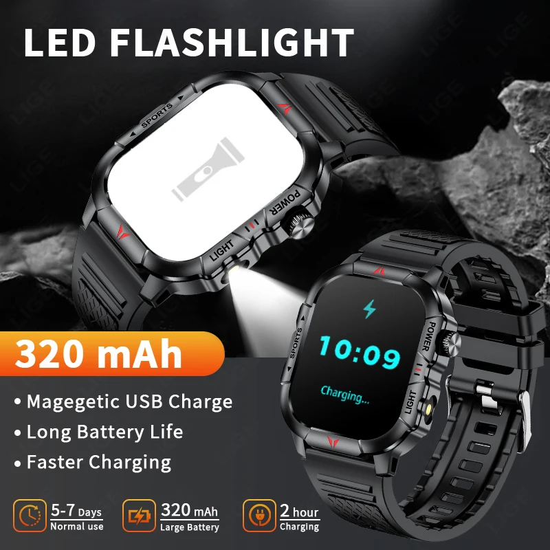 LIGE LED Flashlight Men Smart Watch Waterproof Watches 2.01-inch HD Screen Health Bracelet Military Outdoor Sport Smartwatch Man