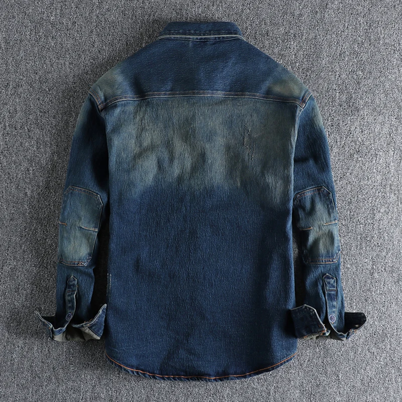 Autumn American Retro Heavyweight Denim Cargo Shirt Men's Fashion Pure Cotton Washed Old Long Sleeve Double Pocket Casual Tops